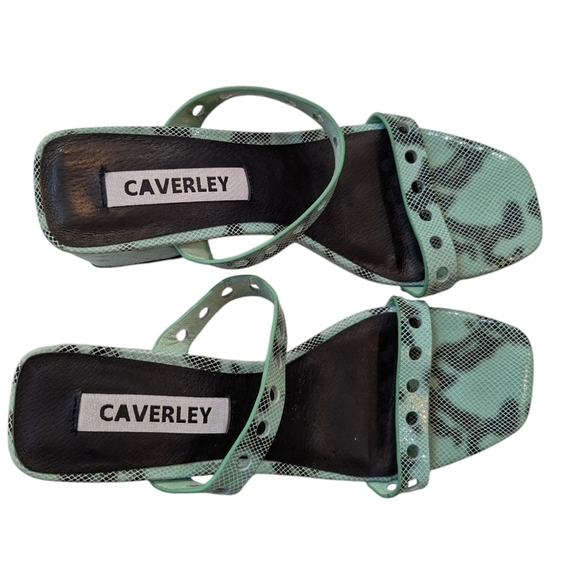 Caverley Shoes Shoes - Caverley Slip-On Mule Sandal Green Leather Slide Double Straps Block Heel 37 7